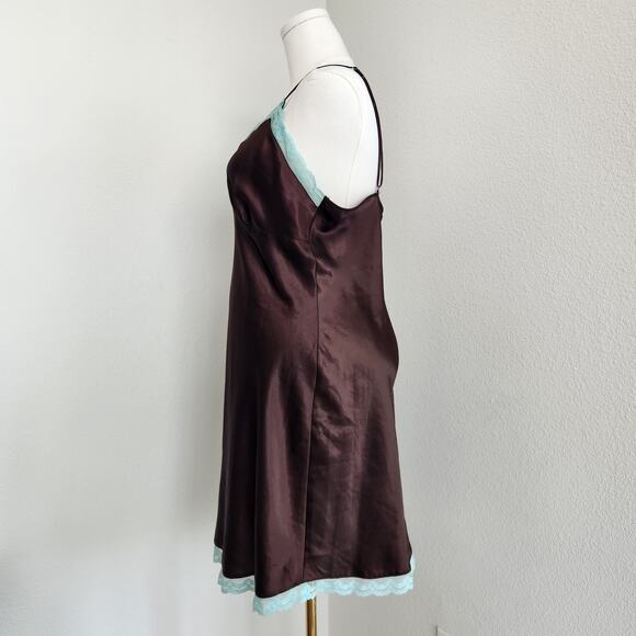 Gilligan & O’Malley Chocolate Brown Satin Slip Dress Blue Lace Trim XL - Picture 4 of 7
